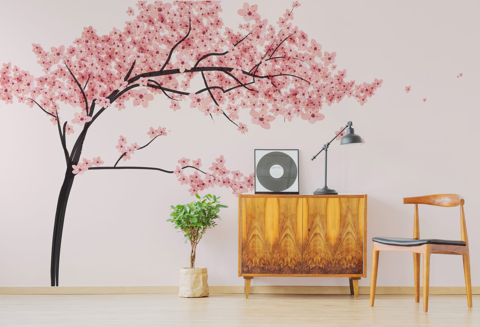 Cherry blossom branch pattern wallpaper for calm reading room atmosphere