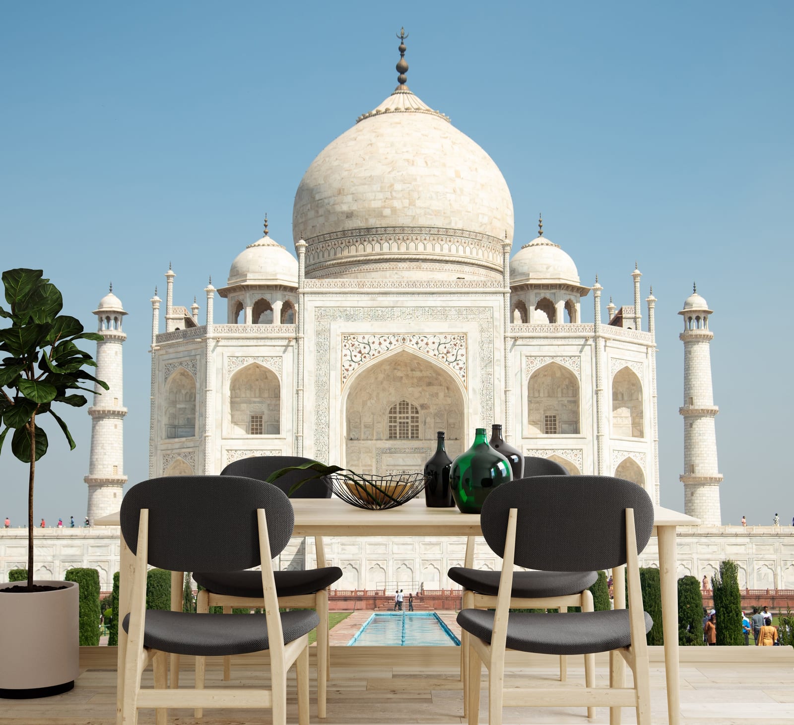 Mughal palace scenic wall covering installed on dining area accent wall adding timeless architectural character