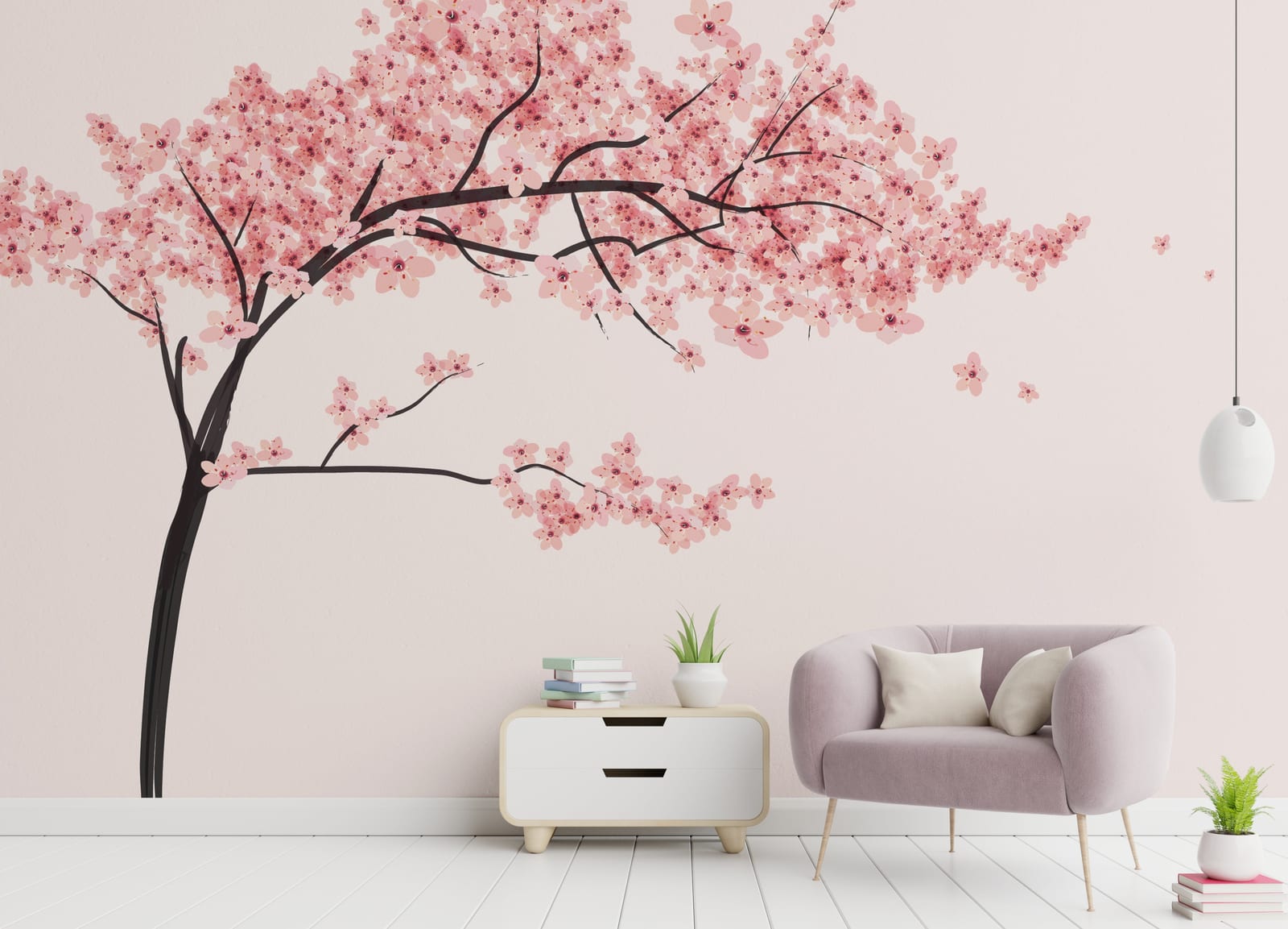Delicate cherry flower wall design for peaceful home office backdrop