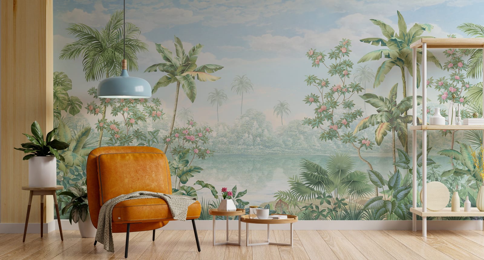 Tropical botanical nature mural with palm trees and soft blue sky background adding fresh garden feeling to modern interiors