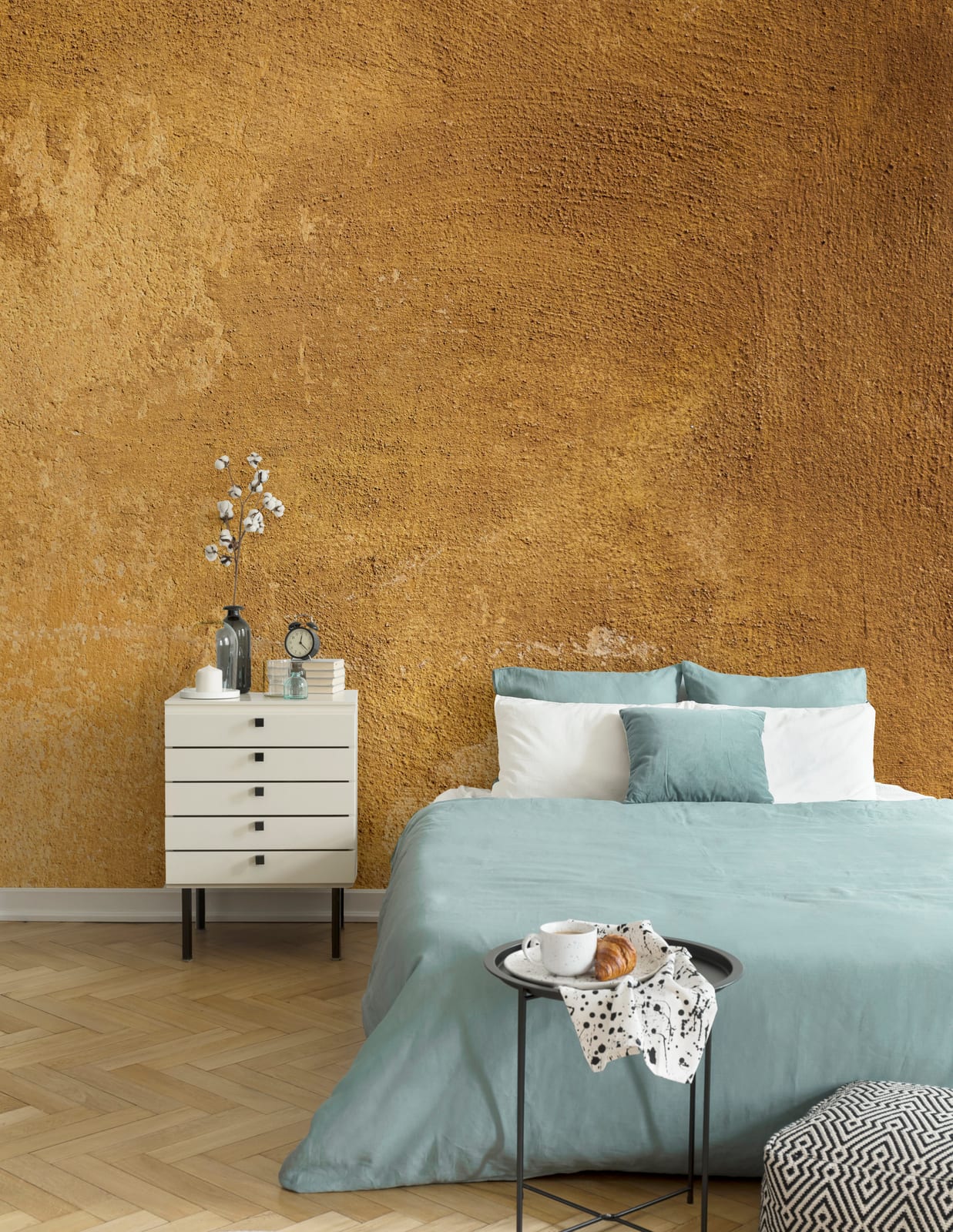 Luxury ochre textured wall mural creating warm intimate mood in modern bedroom interior