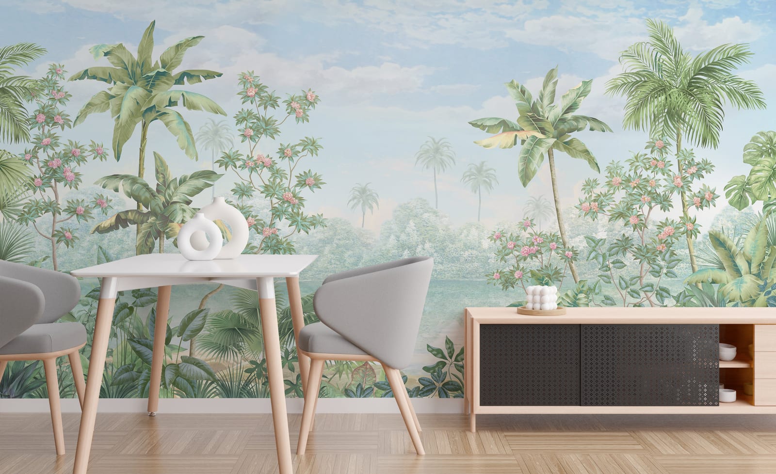 Pastel tropical paradise wallpaper with palm trees and flowering branches bringing nature inspired atmosphere to dining wall.