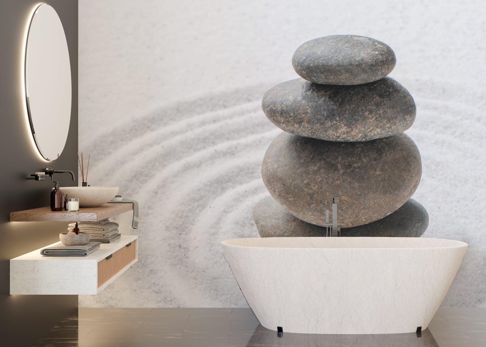 Stacked Meditation Stones Decorative Wall Accent with Soft Beige Pattern for Modern Bathroom