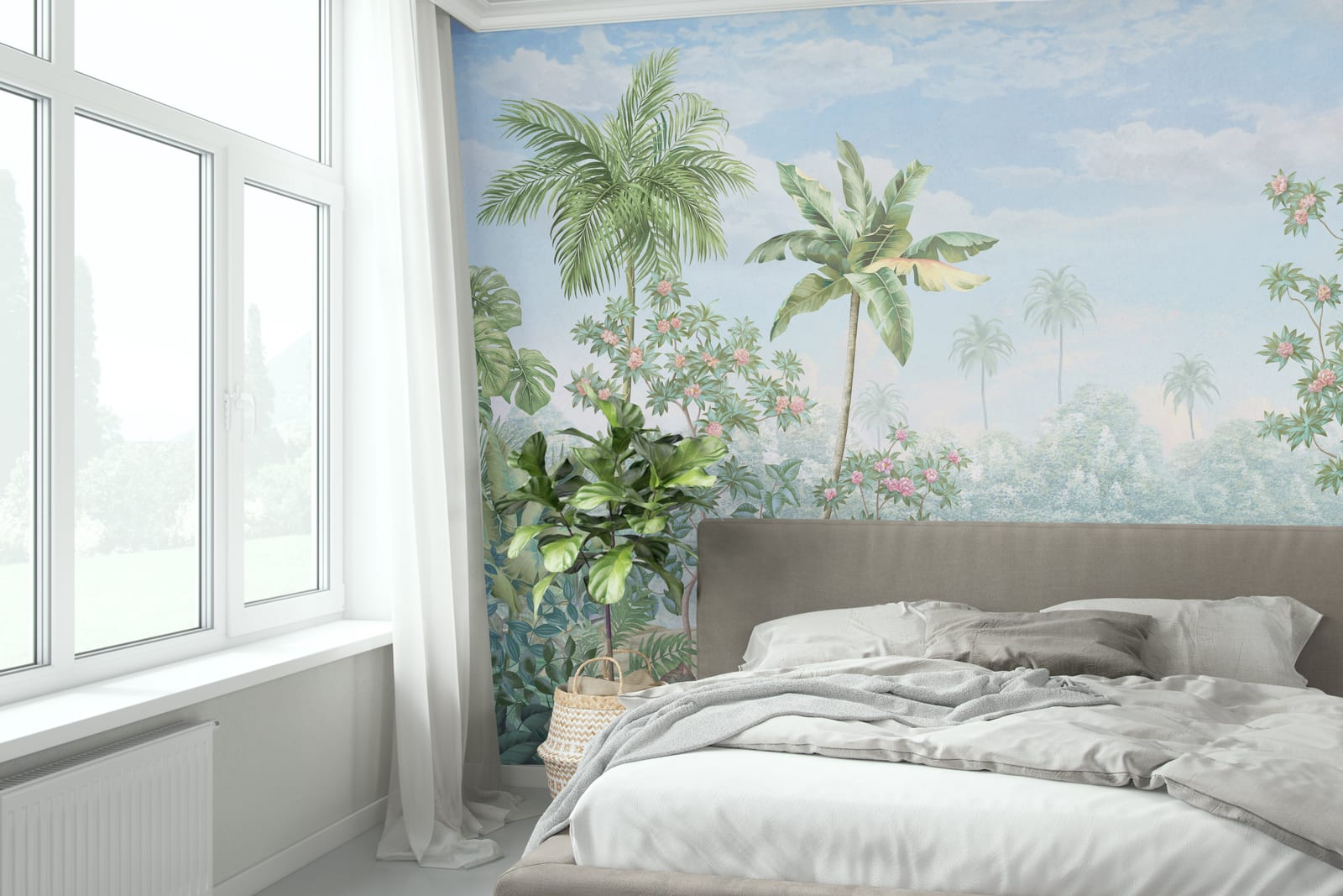 Botanical jungle wall mural featuring lush green foliage and exotic plants creating relaxing bedroom feature wall decor