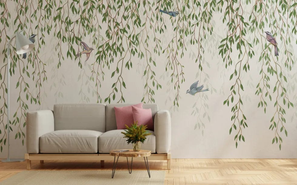 Willow Branches Hanging Leaves Birds Wallpaper image 3