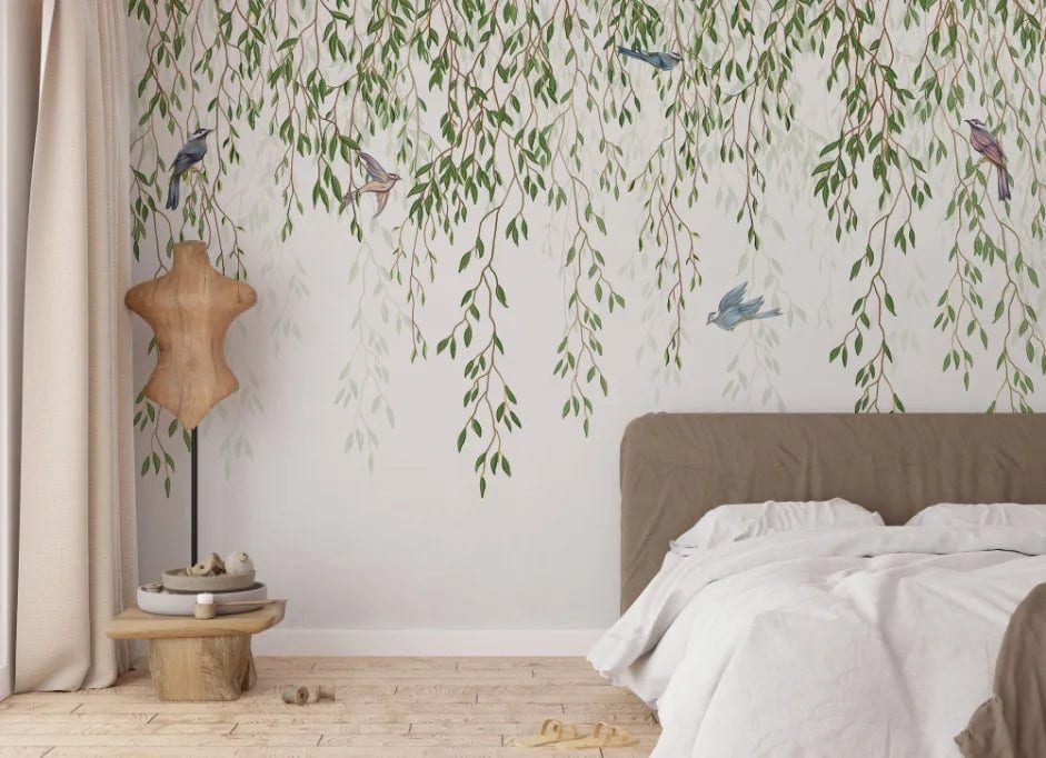 Willow Branches Hanging Leaves Birds Wallpaper image 2
