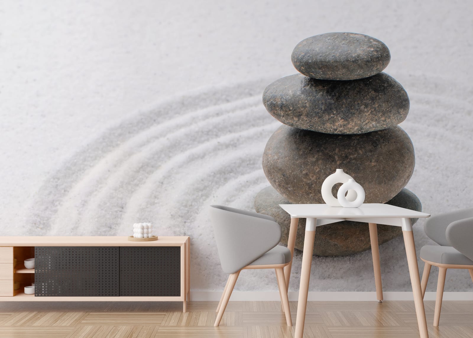 Japanese Zen Garden Feature Wall Design with Soft Sand Ripple Pattern for Meditation Room