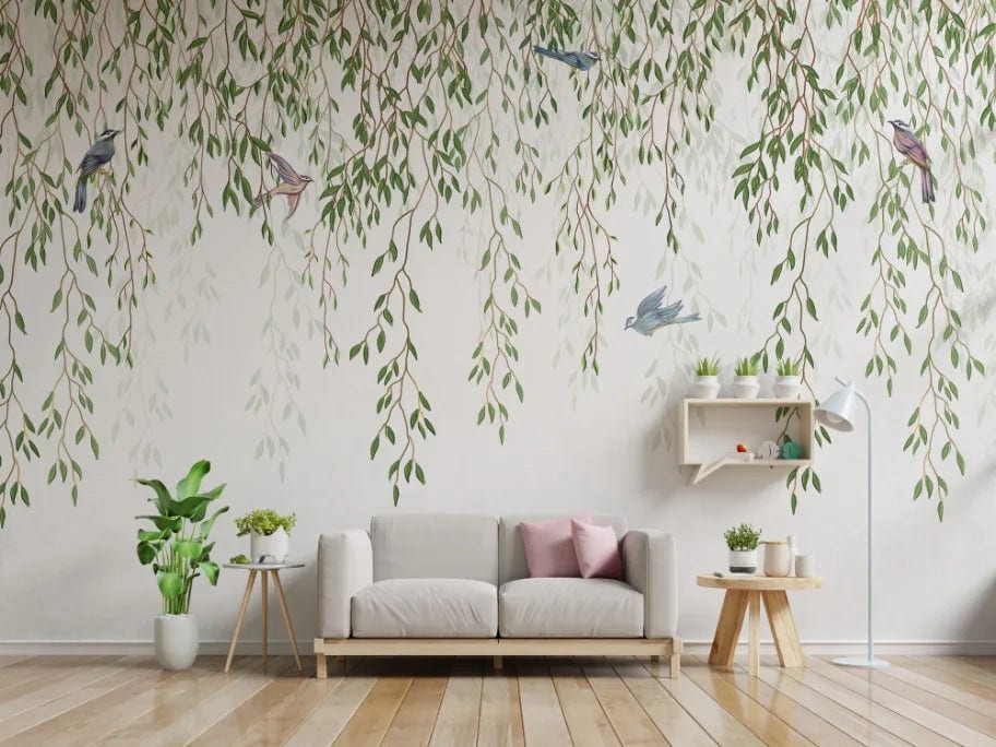 Willow Branches Hanging Leaves Birds Wallpaper image 4