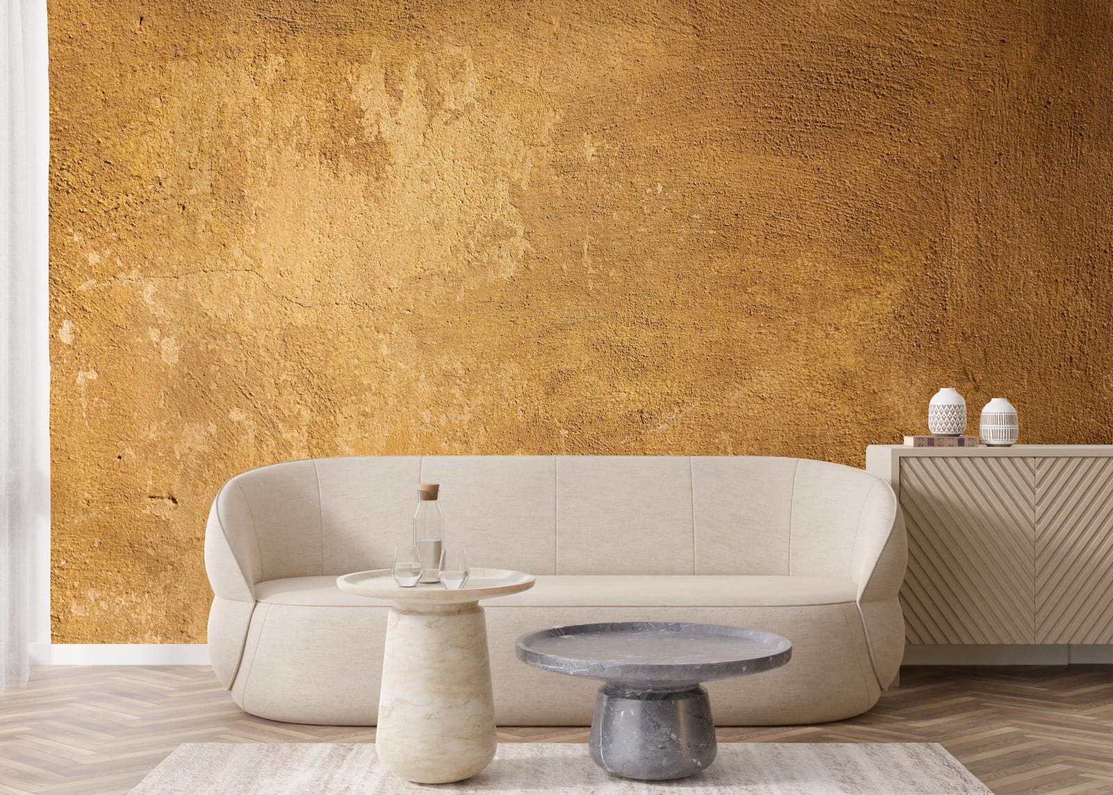 Premium textured ochre wall mural delivering bold rustic impact in luxury living room