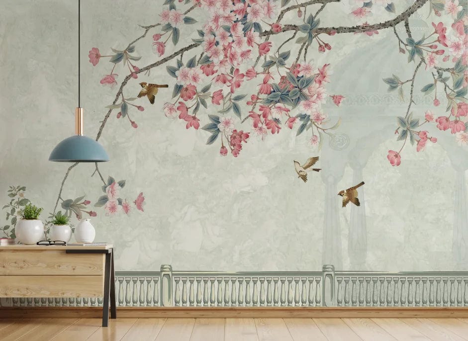 Chinoiserie Bird and Flower | Pink Cherry Blossom Peel and Stick Wallpaper image 4
