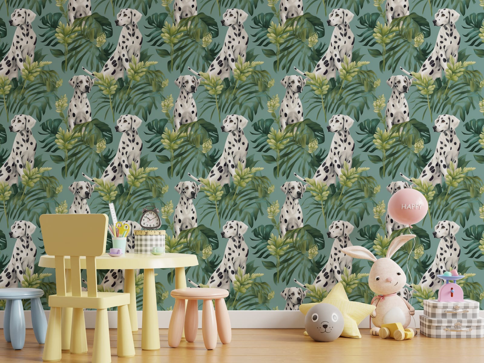 Green tropical Dalmatian design wall feature, perfect for playful nursery or baby room