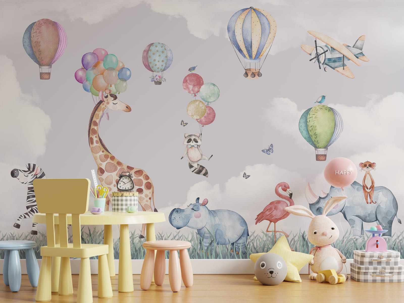 Cute safari-inspired animal wall design with floating balloons and cartoon plane adding joyful storytelling atmosphere in children playroom
