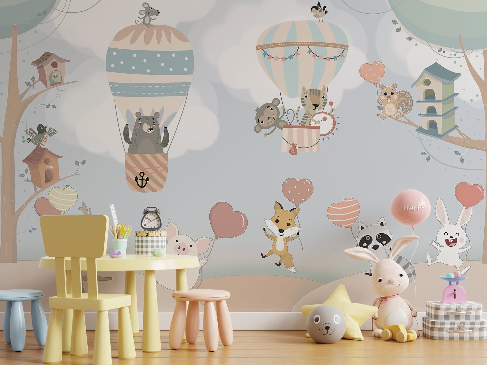 Colorful wildlife-themed wall design featuring smiling animals and vibrant balloons energizing playroom space.
