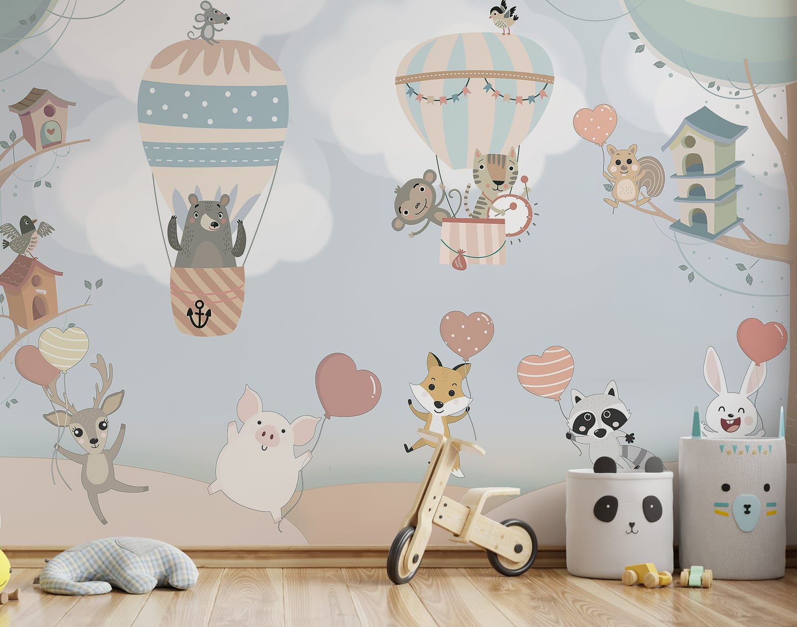 Cute cartoon animal wallpaper with colorful balloons creating joyful and playful kids bedroom atmosphere.