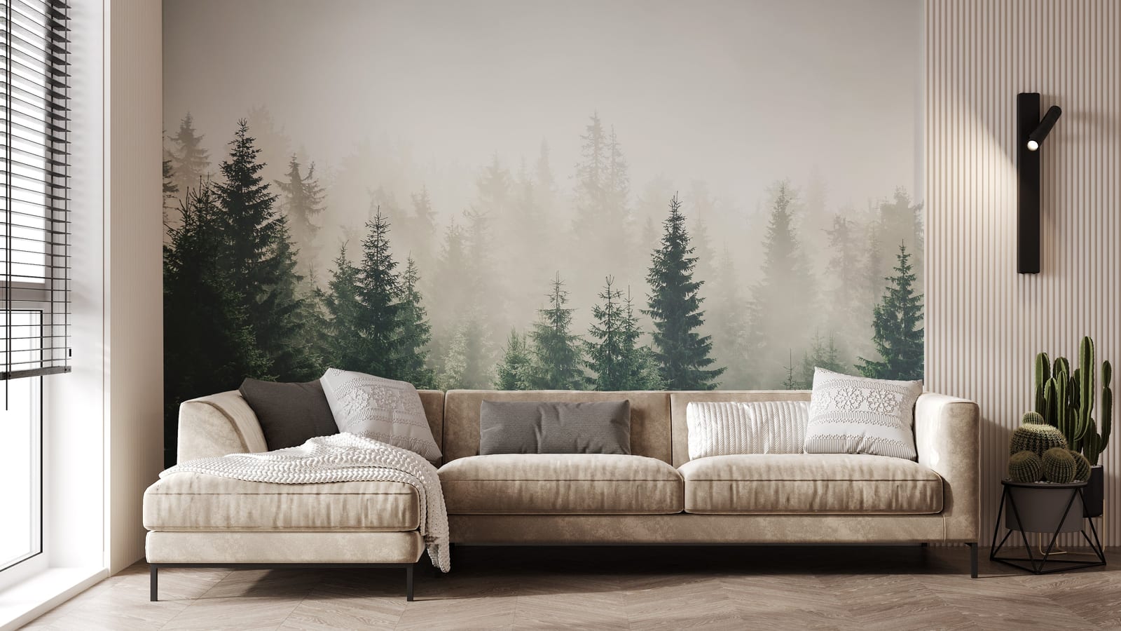 Vibrant green woodland wall mural bringing refreshing outdoor scenery and calming depth to contemporary living room interiors.