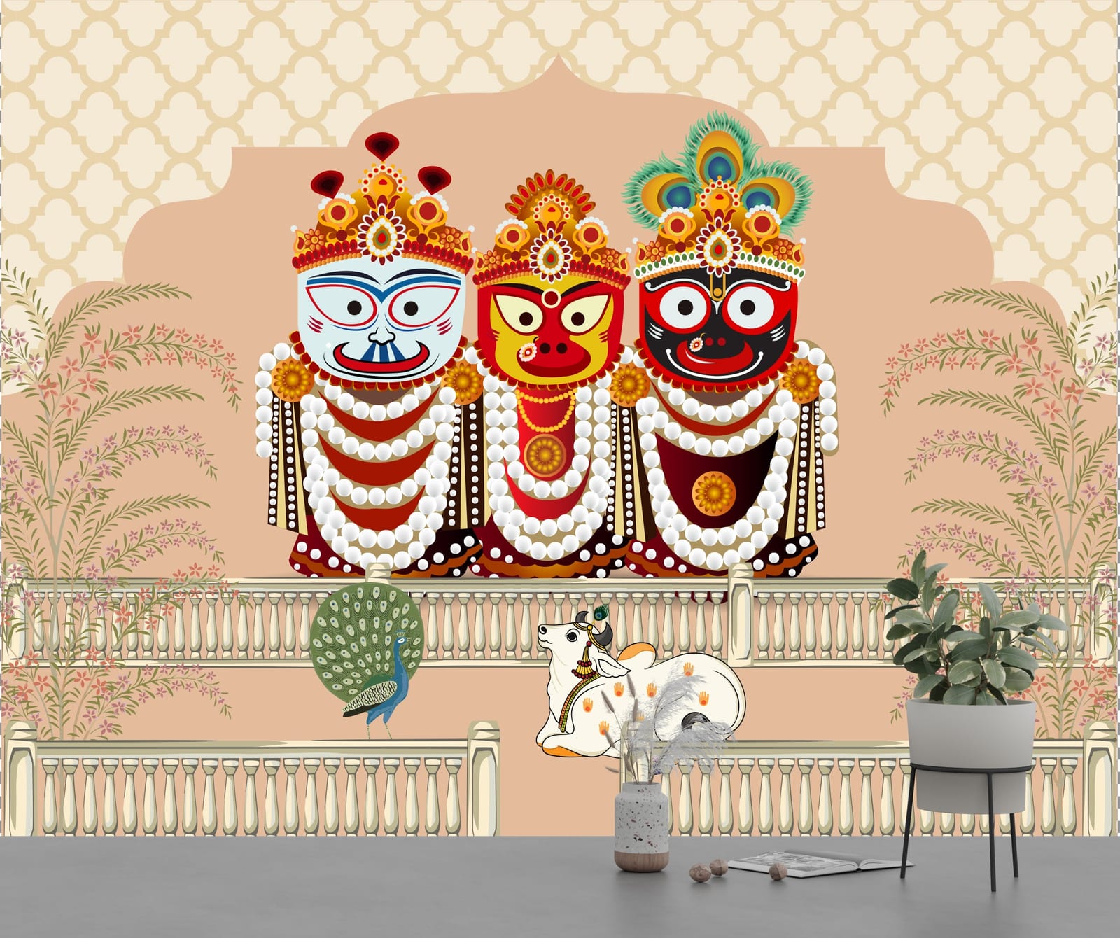 Colorful Jagannath wall design with intricate crowns, warm tones, spiritual home temple decor