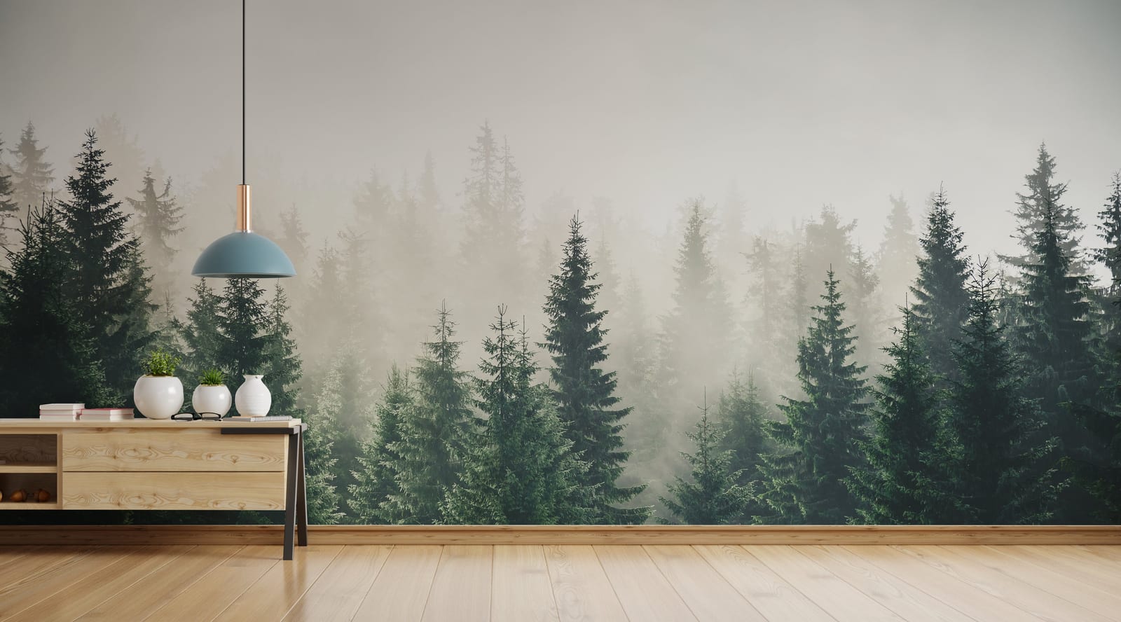Rich emerald tree canopy wallpaper adding soothing outdoor essence and layered greenery to modern lounge decor.