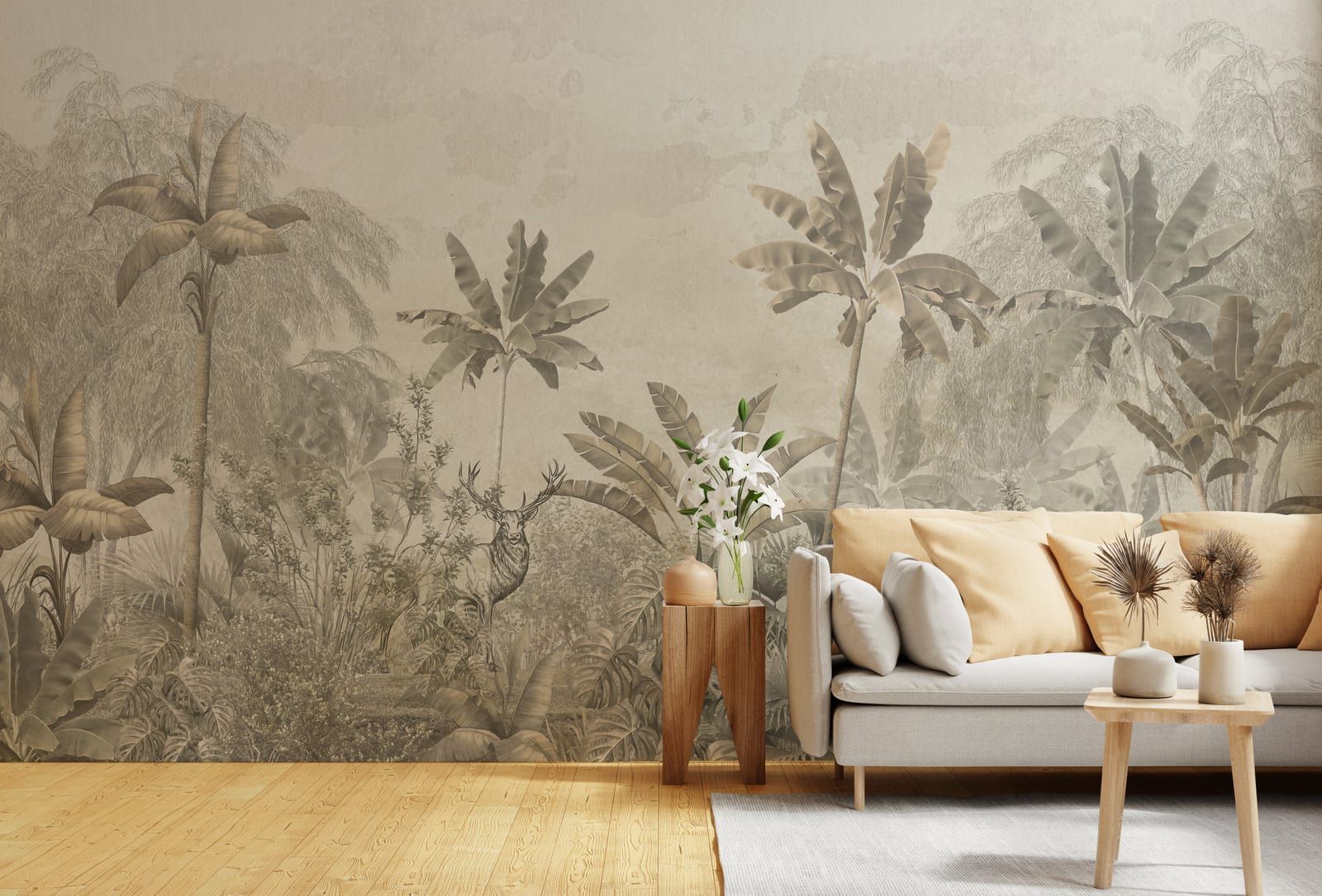 Exotic rainforest wall design featuring lush botanical elements that add depth and a bold natural statement to the living room space.