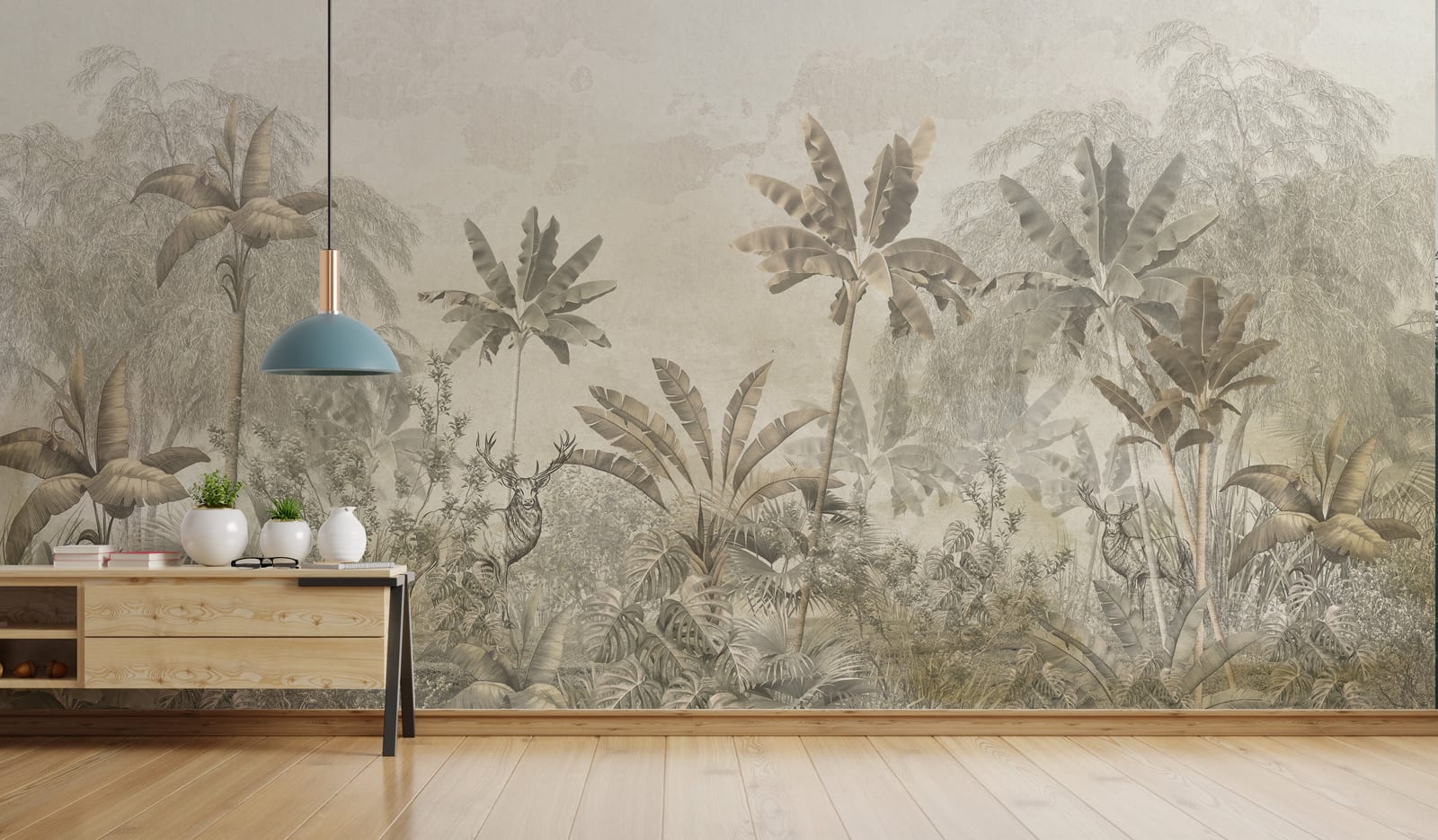 Vibrant jungle-inspired mural with rich greenery bringing an organic and inviting touch to the dining area interior.