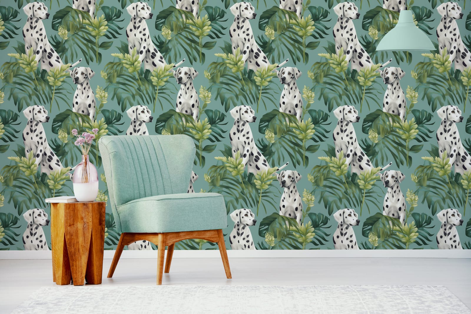 Dalmatian print accent wall with botanical jungle leaves, ideal kids room interior styling