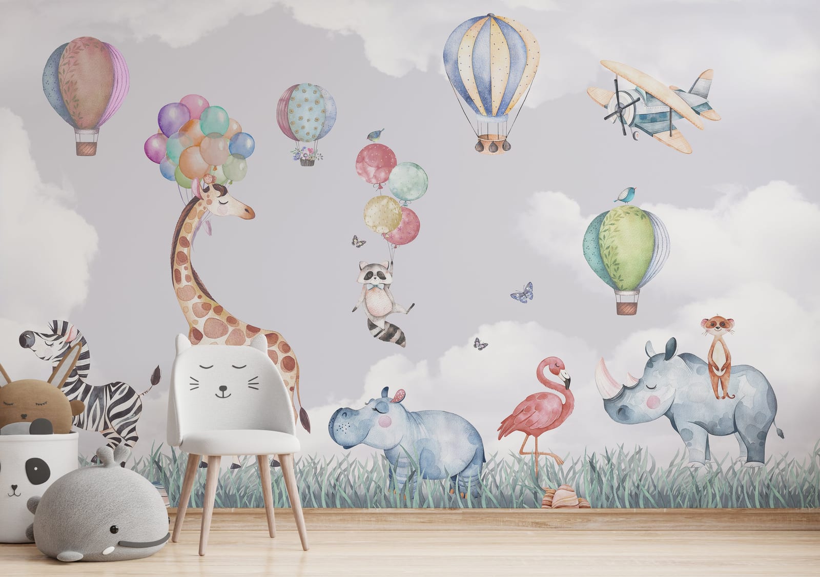 Playful wildlife artwork with floating balloons and small airplane enhancing bright, engaging children’s daycare room.