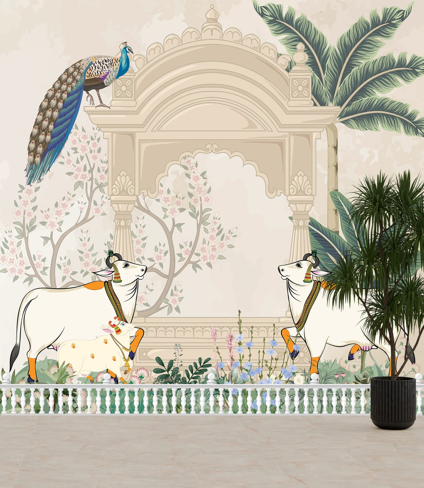Traditional Mughal peacock wallpaper with floral trees and pastel shades for hallway decor