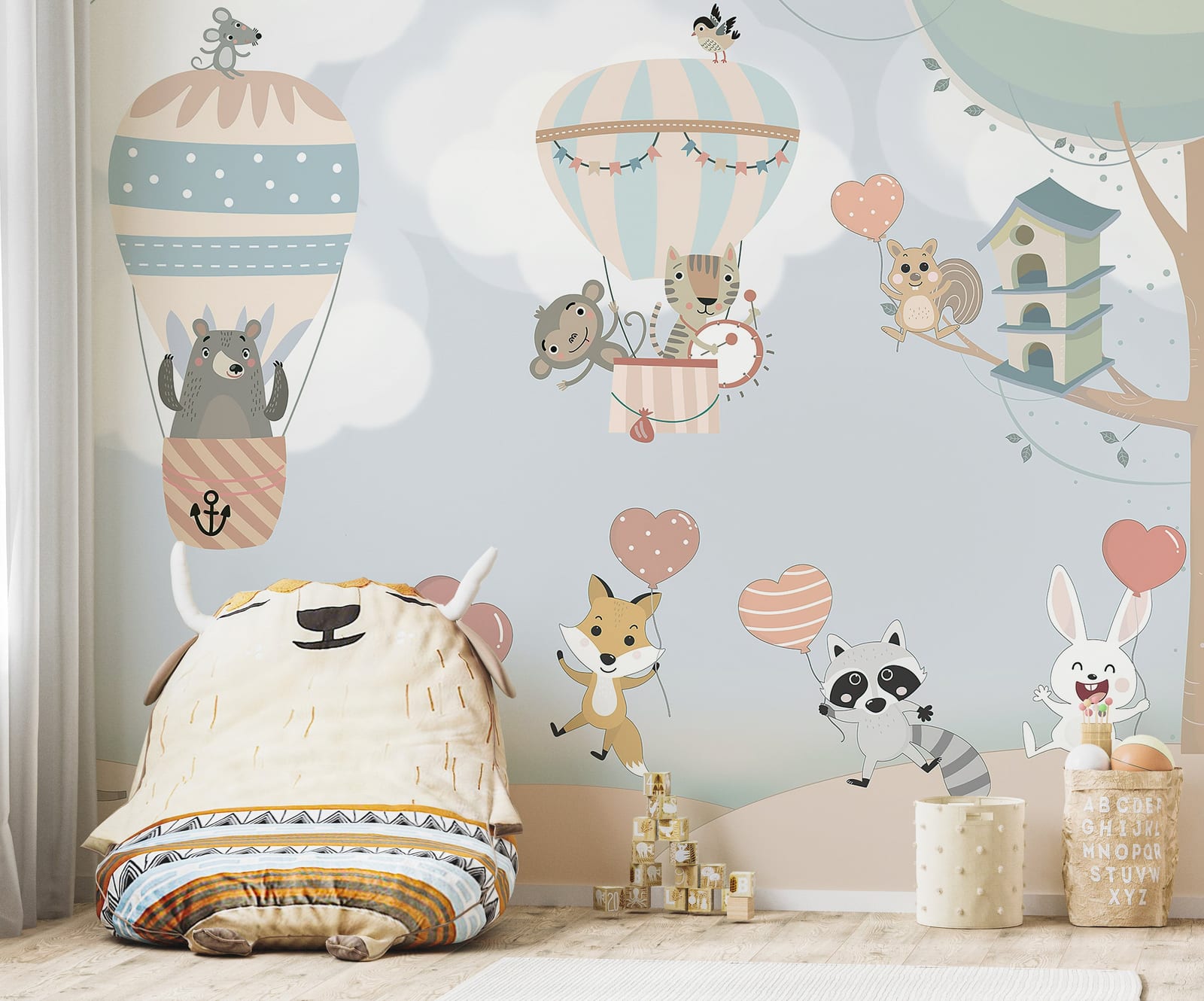 Colorful kids mural showcasing friendly animals and festive balloons creating welcoming environment in daycare room