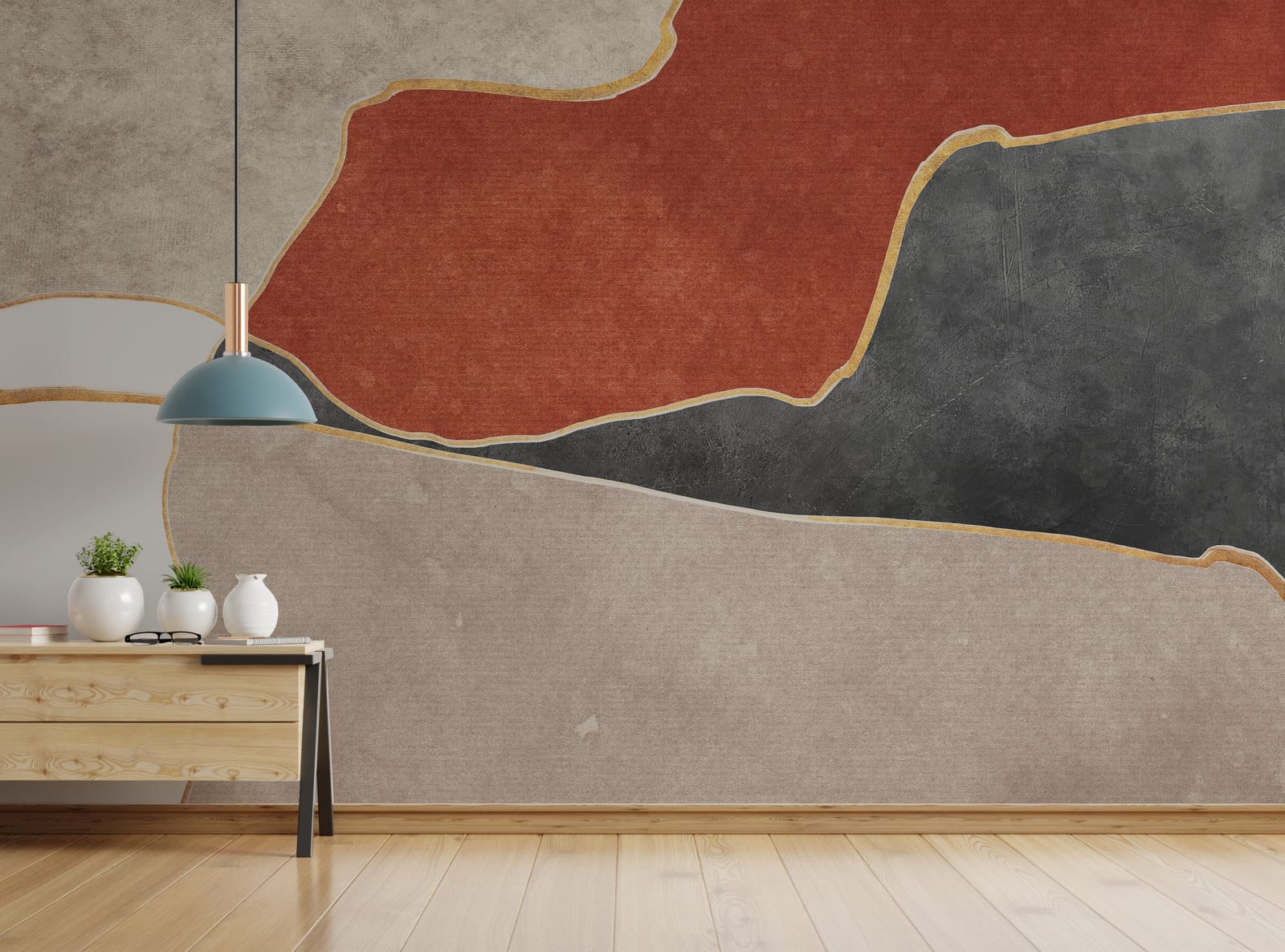 Artistic black and gold linear backdrop with subtle texture offering a luxurious guest bedroom ambiance.