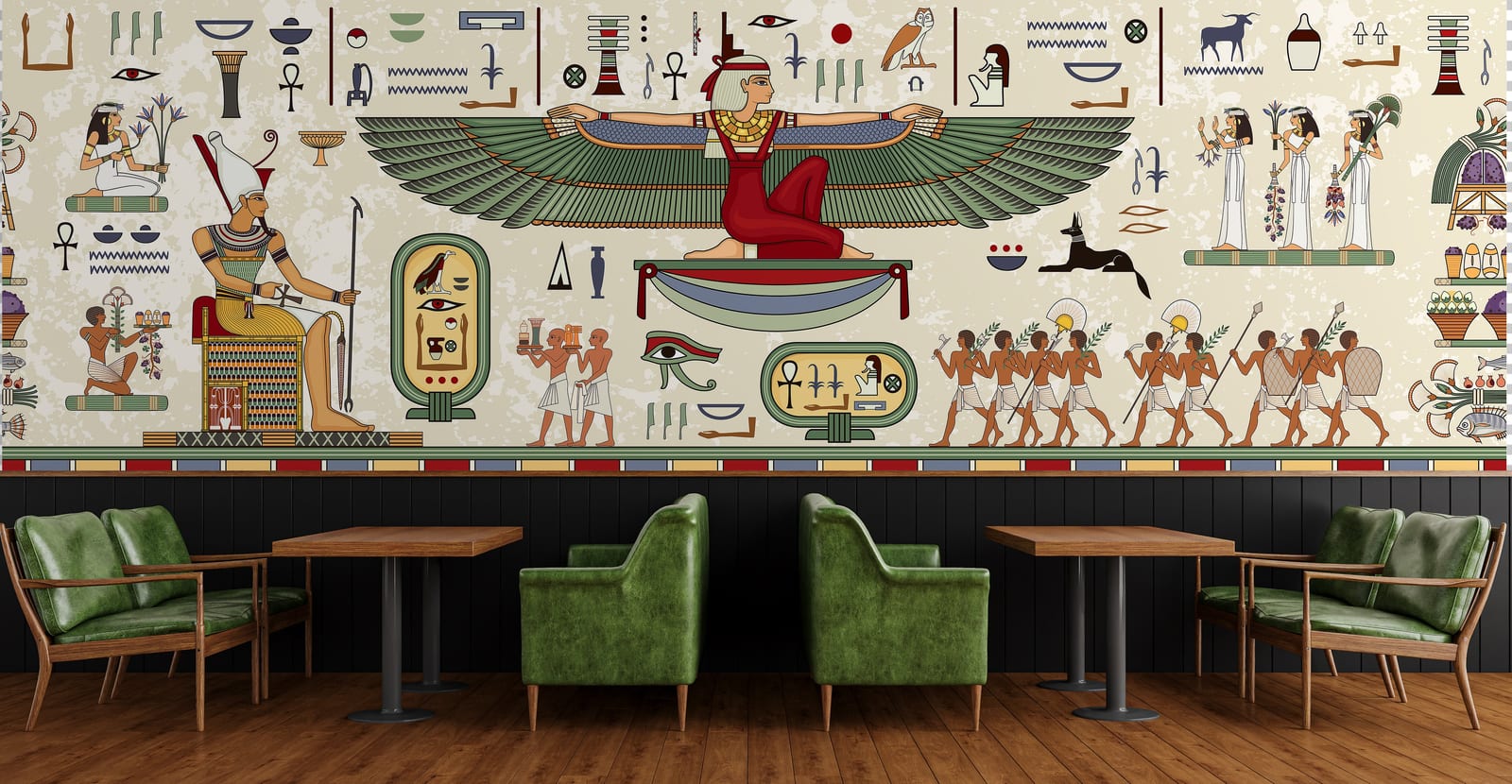 Ancient Egypt wallpaper design with pharaoh scenes and winged goddess, bold cafe statement wall