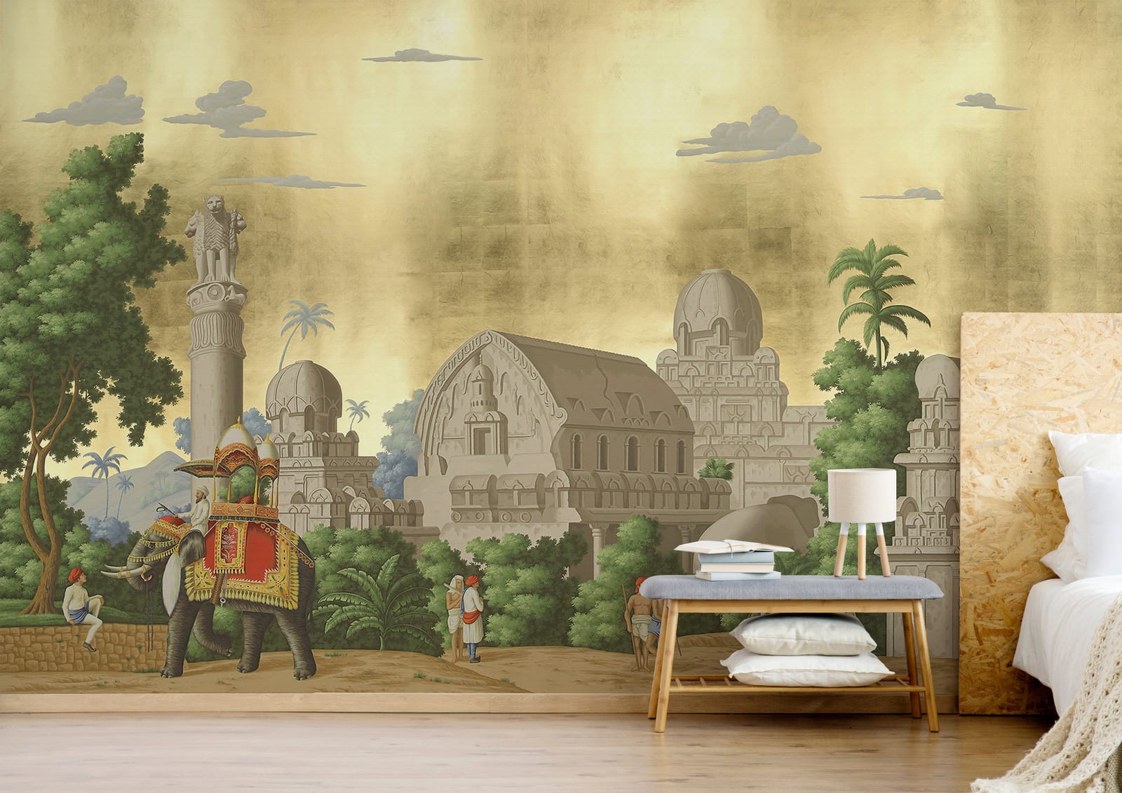 Golden Vintage Indian Elephant | Palace Architecture Self Adhesive Wall Mural