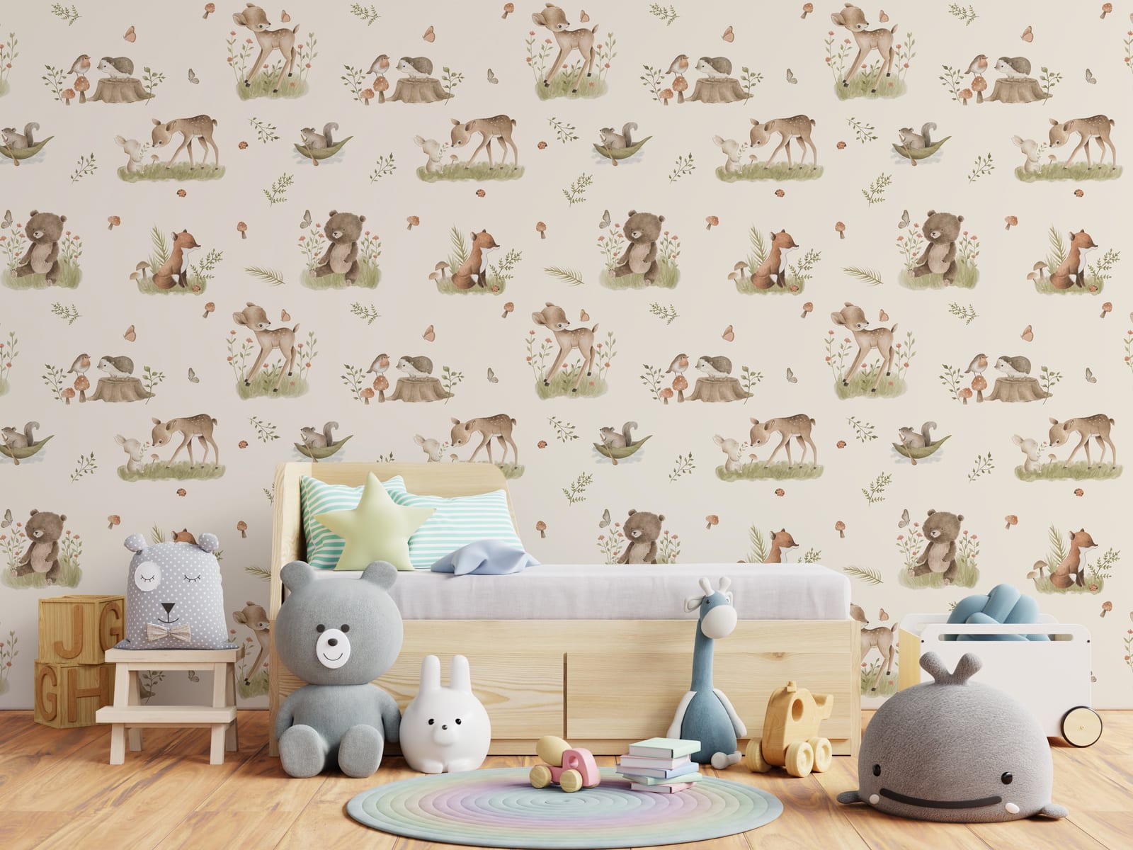 Soft watercolor forest creatures decorating toddler space feature background creating calm storybook style environment for playful interiors.