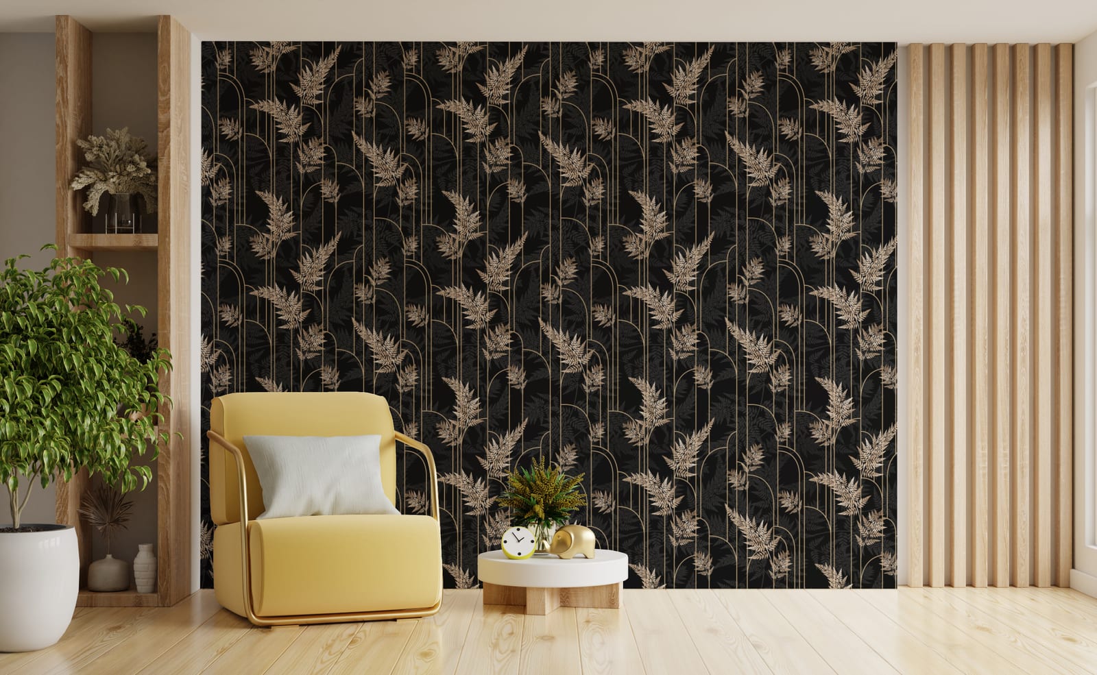 Art Deco Golden Fern Leaves Removable Wallpaper