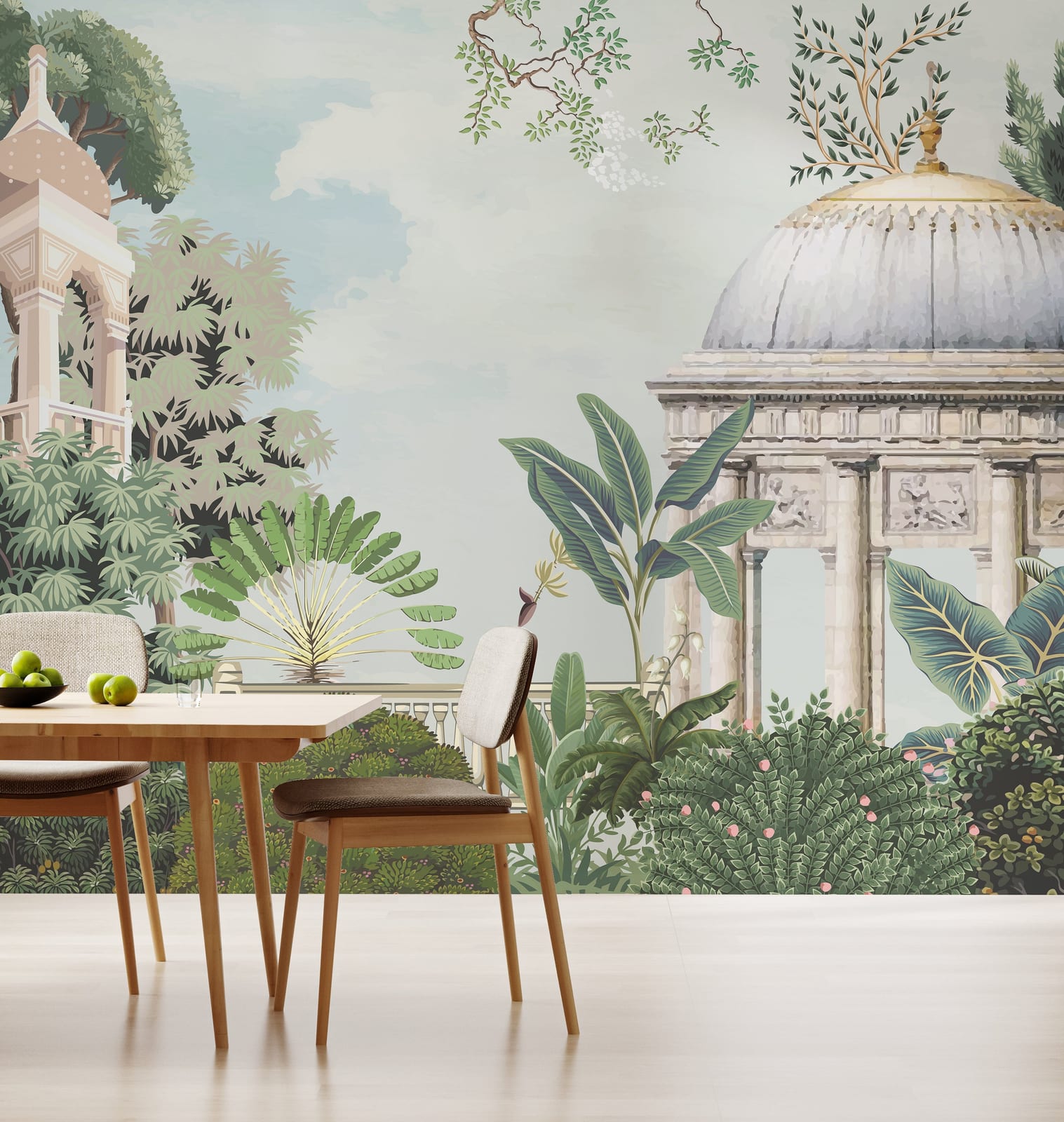 Watercolor Botanical Dome Indian Wallpaper | Heritage Garden Removable Wallpaper