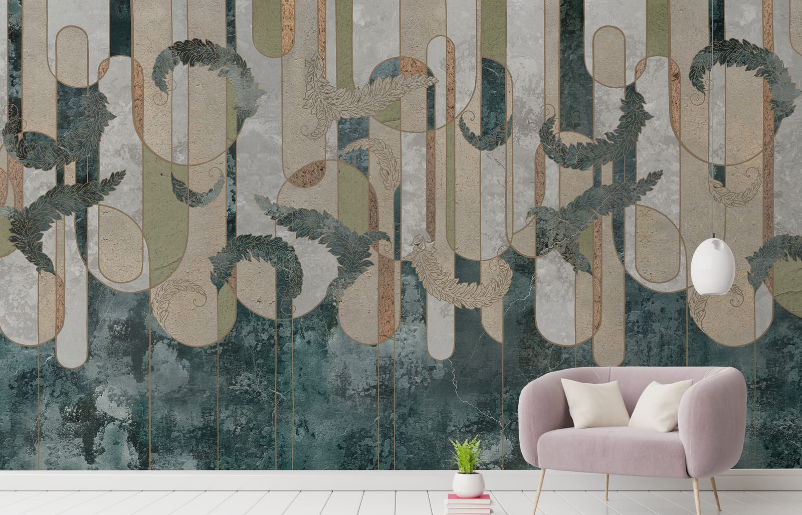 Textured abstract wallpaper in teal and beige shades for sophisticated lounge room