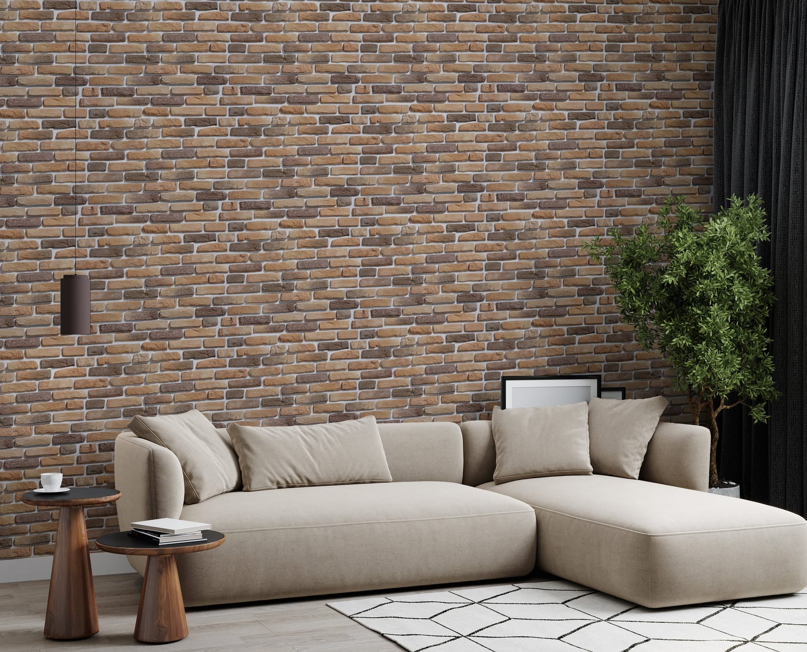 Classic brown brick texture accent wall inspired by Miami homes, adding warm rustic charm to modern living room decor.