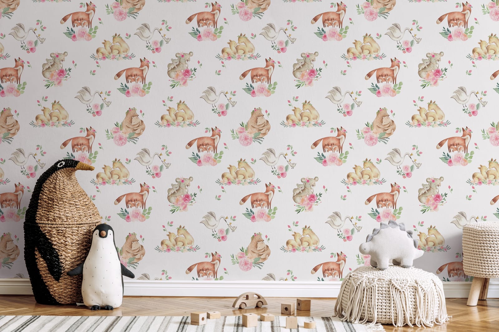 Gender neutral nursery wallpaper featuring soft pastel woodland animals and floral accents, perfect calming baby room