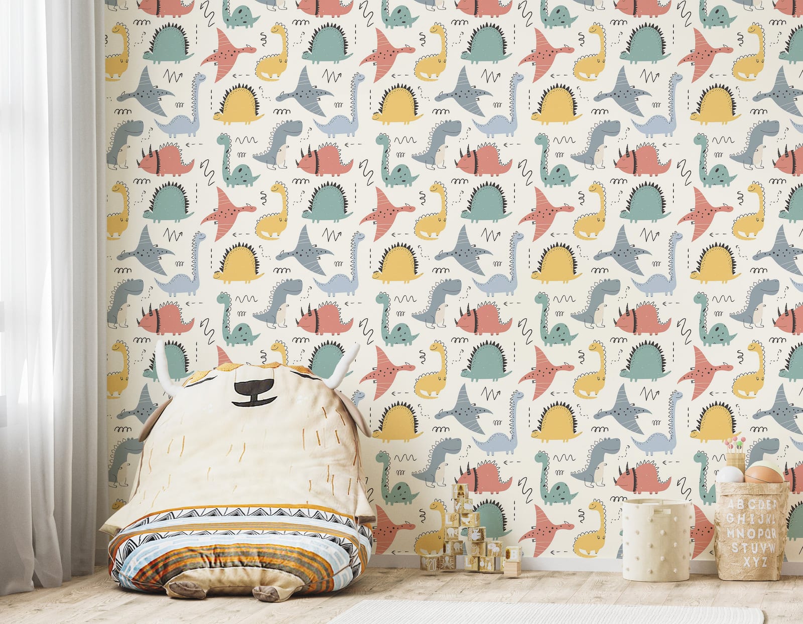 Animated baby dinosaur mural with colorful fishes adding energetic prehistoric flair.