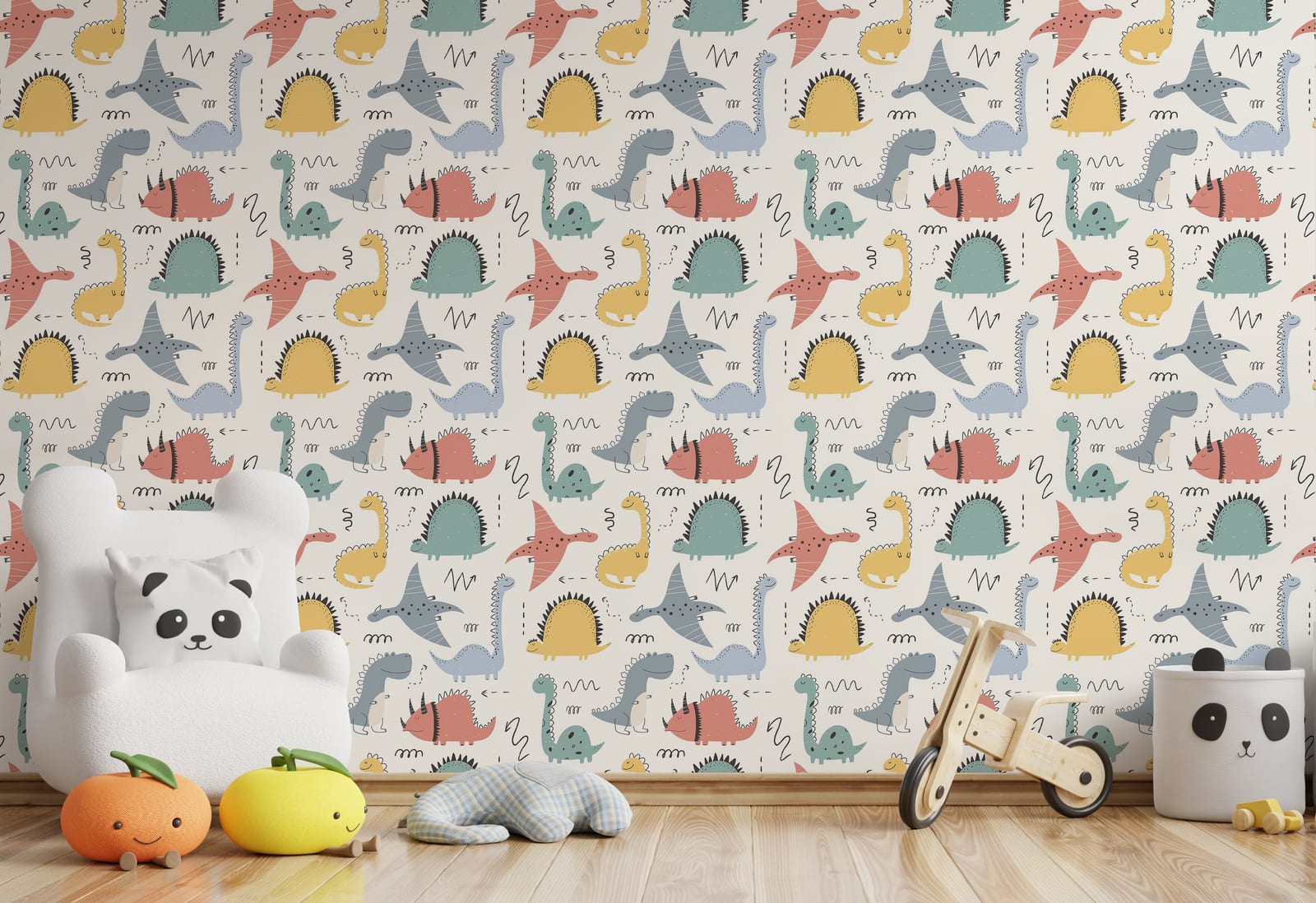 Adorable animated dinosaurs and swimming fishes adding lively Jurassic-inspired decor to toddler room.