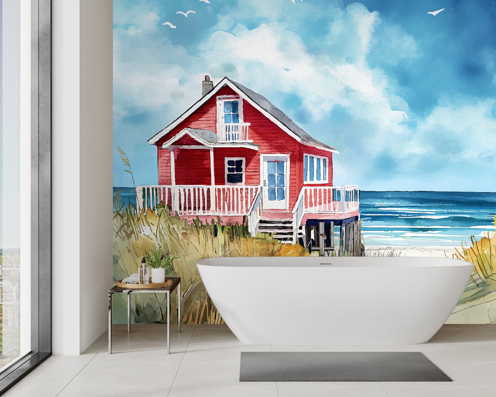 Seaside landscape wall design with cottages and dunes for fresh relaxing bathroom vibe