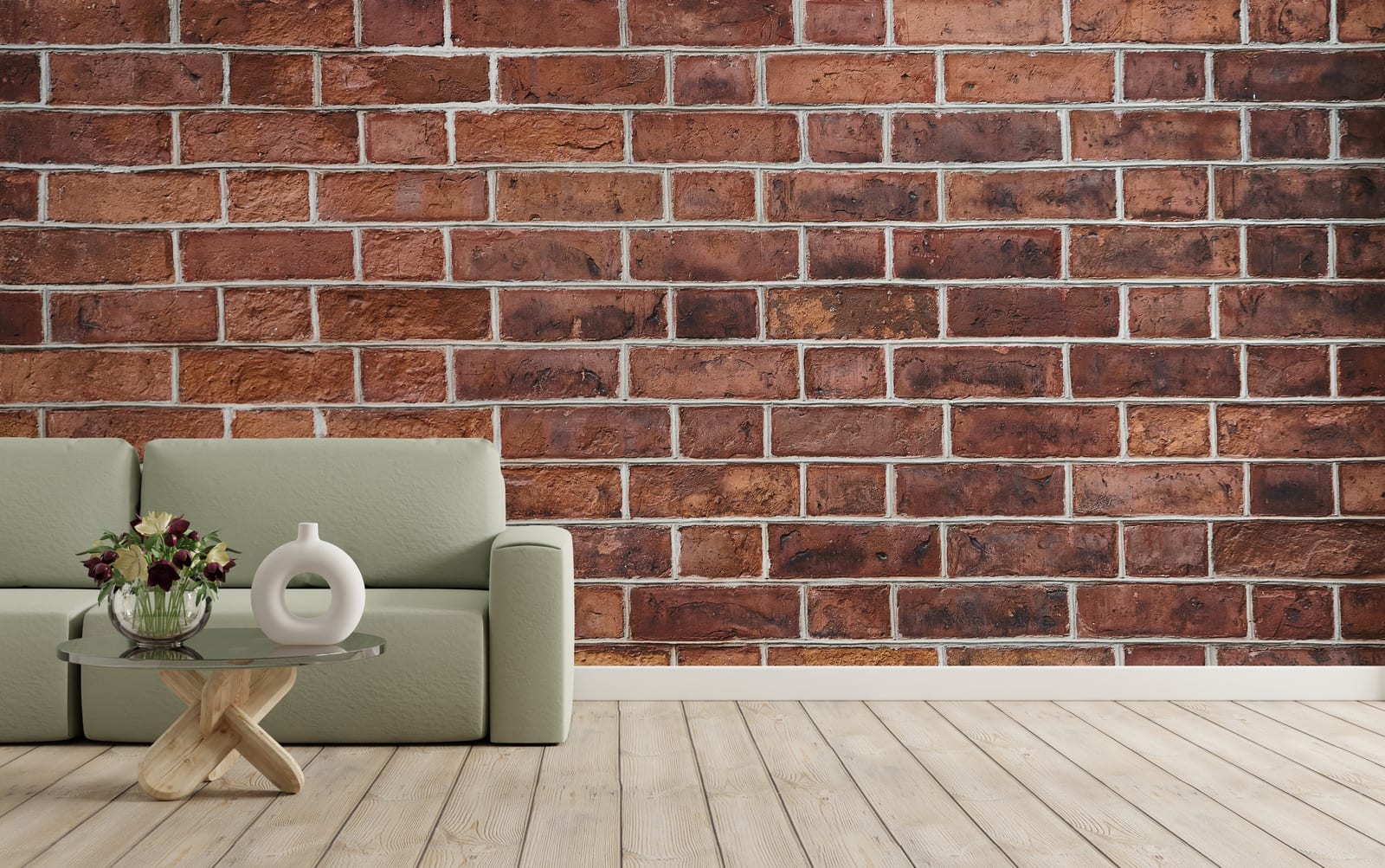 Self-adhesive crimson masonry backdrop creating cozy urban atmosphere with warm tones and stylish loft-inspired appeal.