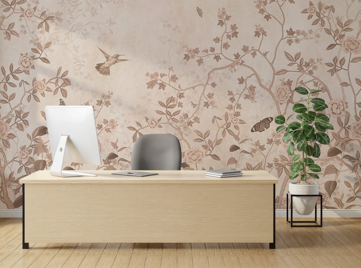 Soft beige floral art with birds perfect for cozy reading nook aesthetic styling