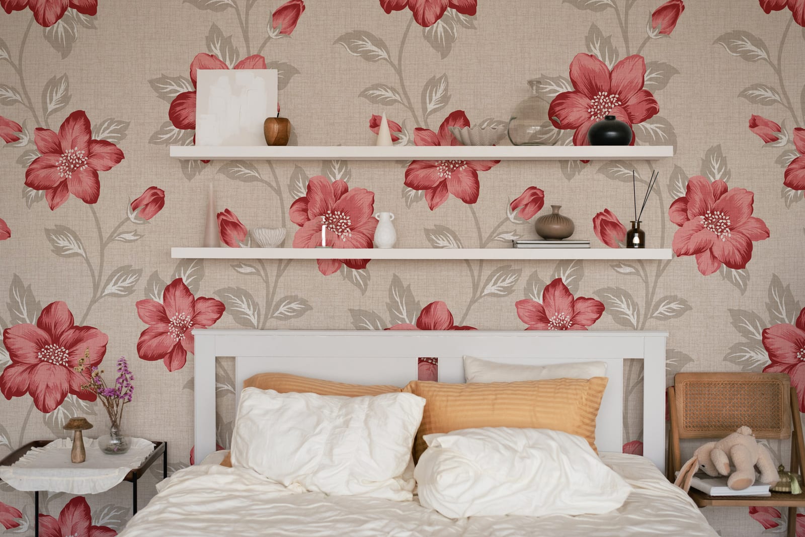 Stylish bedroom accent wallpaper highlighting vibrant floral pattern in red and neutral hues