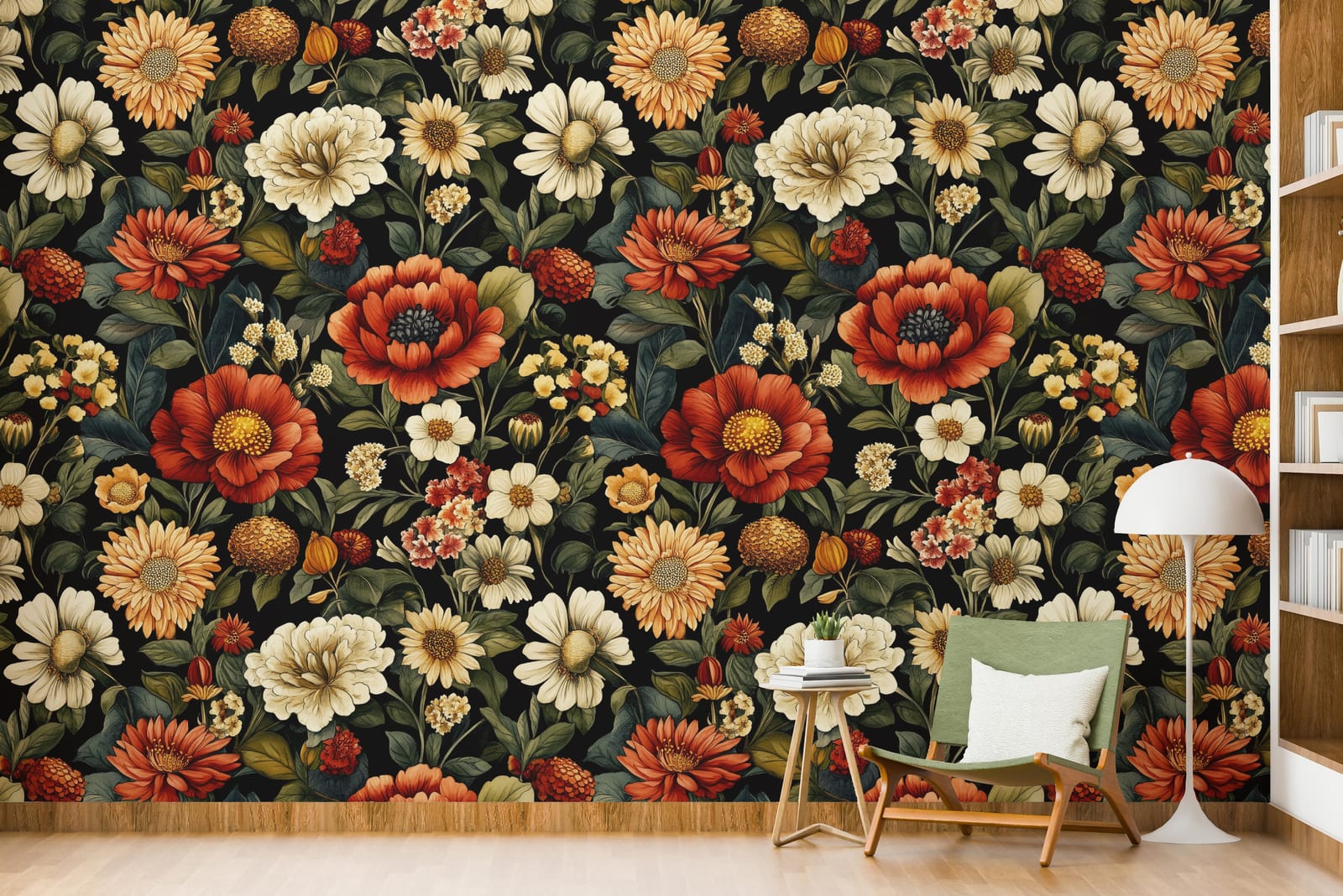Dark botanical wall art with lush vintage blooms enhancing luxury office interior space