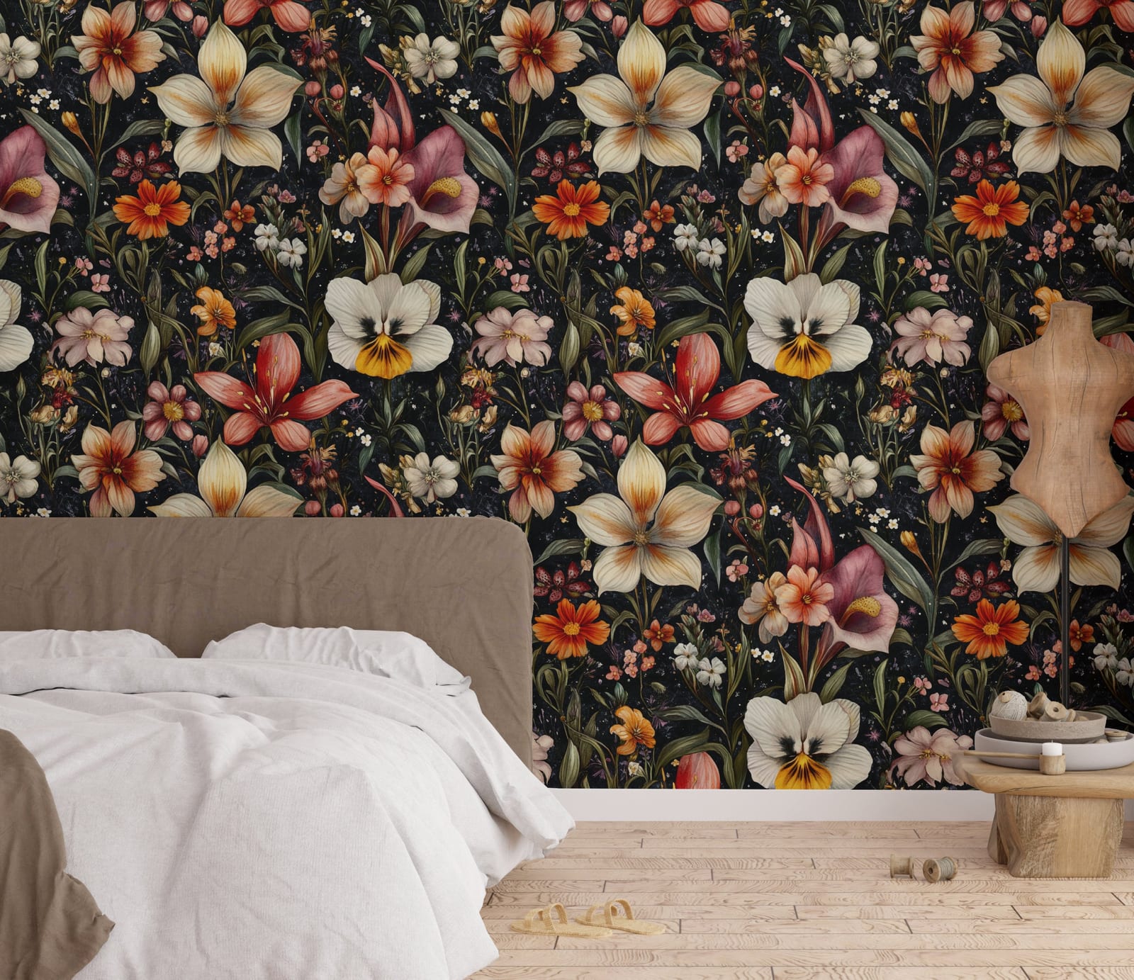 Vintage botanical wallpaper featuring colorful flowers on black background for bedroom accent wall