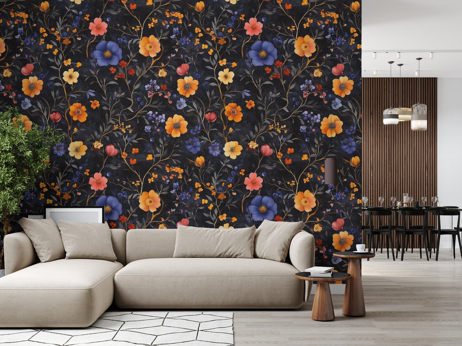 Dark botanical design with vibrant orange and blue flowers, perfect for living room decor