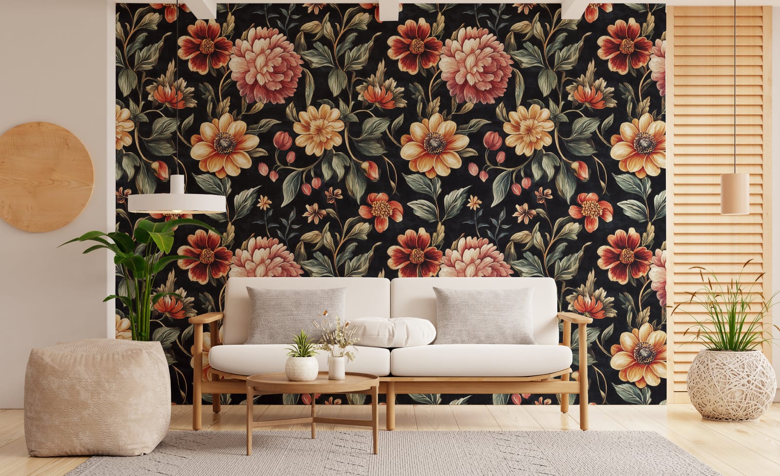 Dark botanical wallpaper with large floral elements for modern apartment feature wall