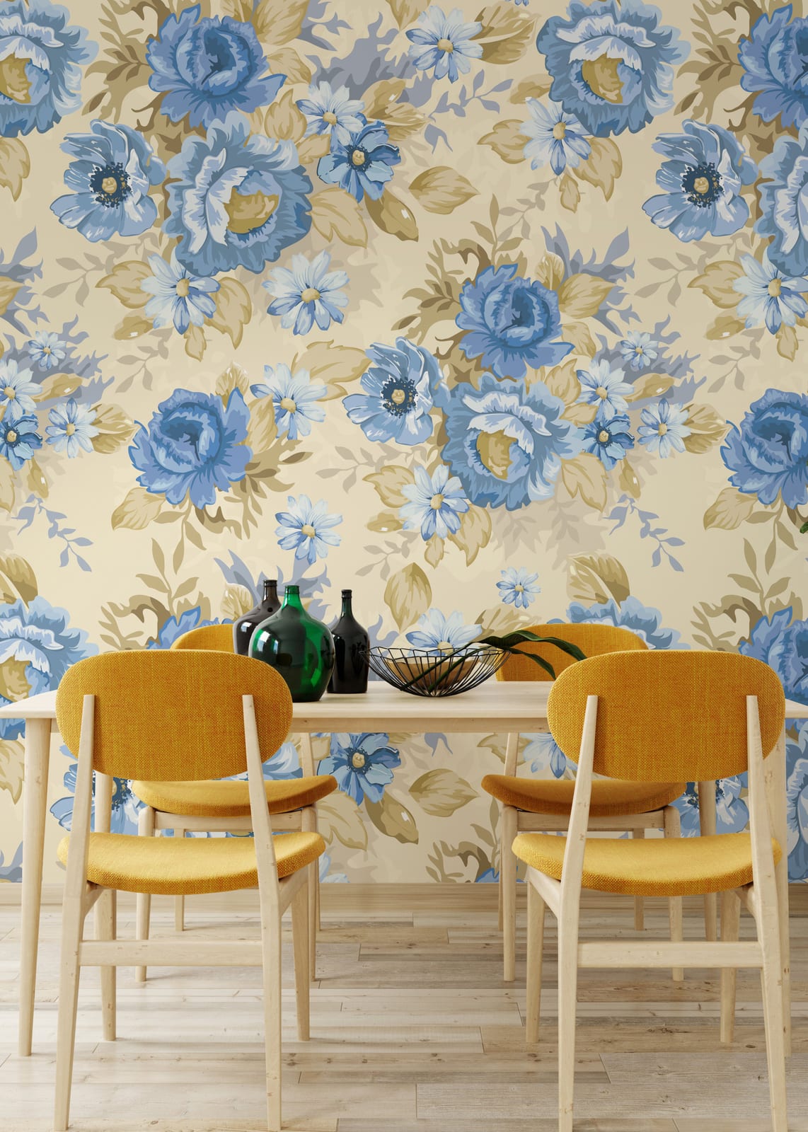 Sophisticated blue flower wallpaper with classic pattern for cozy dining room wall