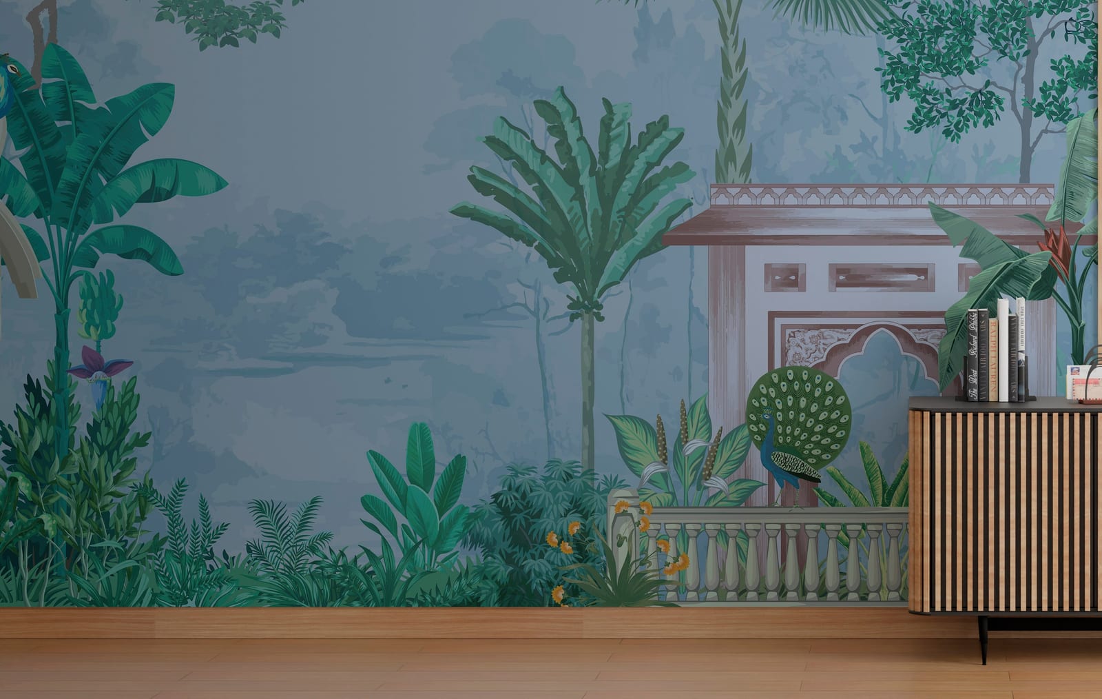 Calming botanical bird design in beige tones for peaceful meditation room wall decor