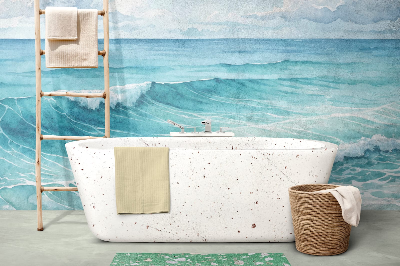 Coastal water artwork wall builds stylish co-working space with modern ocean aesthetic