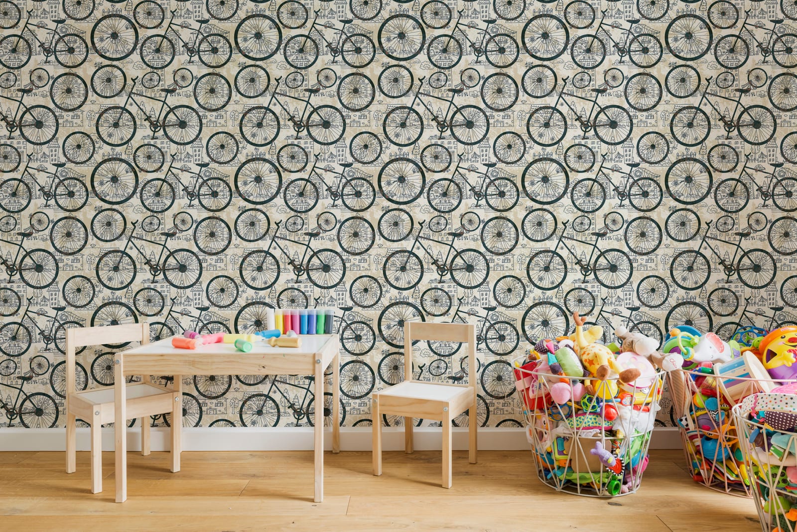 Retro cycle wallpaper featuring detailed wheel illustrations in beige for modern nursery wall design